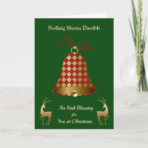 Tartan patterned Christmas bell, reindeer Irish Holiday Card