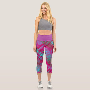 Tartan Pink Purple Aqua Plaid Purple Waistband Capri Leggings