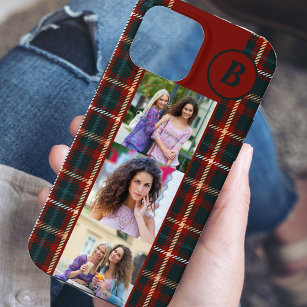 Tartan Plaid 3 Square Photos Red Monogrammed iPhone 13 Pro Max Case