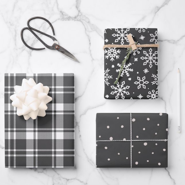 Tartan Plaid and Snowflake Monochrome Wrapping Paper Sheets (Front)