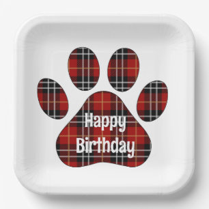 Tartan Plaid Birthday Pawprints Paper Plates