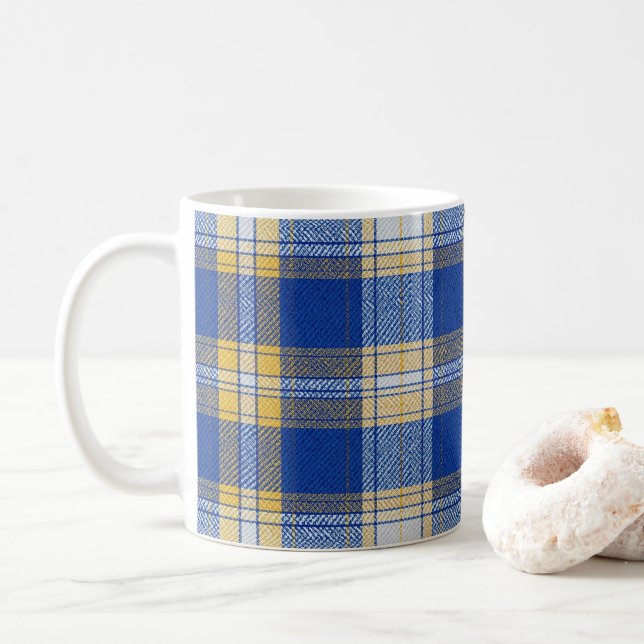 Tartan Plaid Blue and Yellow  Coffee Mug (With Donut)