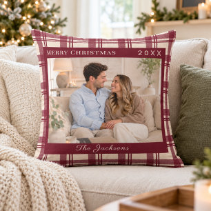 Tartan Plaid Burgundy Cream Photo Christmas Throw Pillow