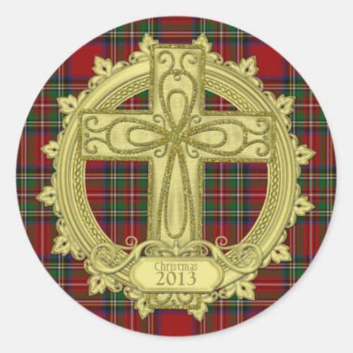 Tartan Plaid Celtic Cross Christmas Xmas Classic Round Sticker