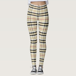 Tartan Plaid Checkered Pattern Leggings in Beige