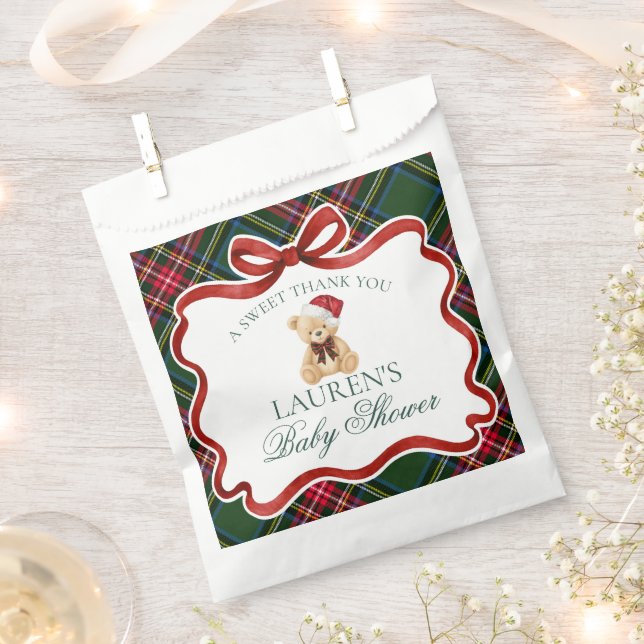 Tartan Plaid Christmas Bear Baby Shower Dessert Favor Bag (Clipped)