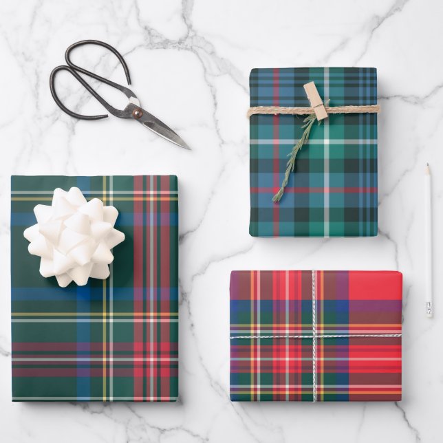 Tartan Plaid Christmas Festive Red Green Blue Wrapping Paper Sheets (Front)