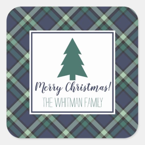 Tartan Plaid Christmas Navy and Green Holiday Square Sticker