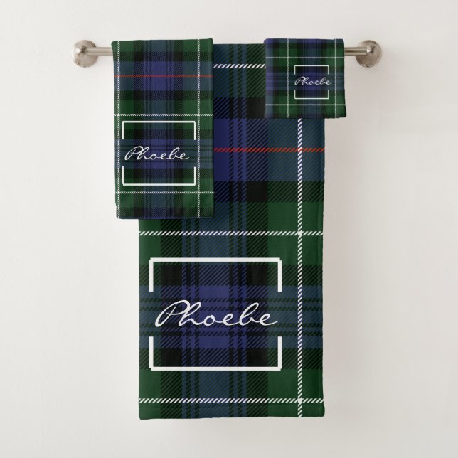 Tartan Plaid Clan MacKenzie Green Purple Check Bath Towel Set (Insitu)