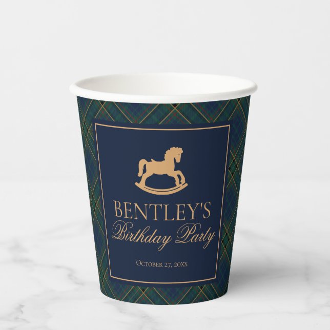 Tartan Plaid Classic Rocking Horse Birthday Paper Cups (Front)