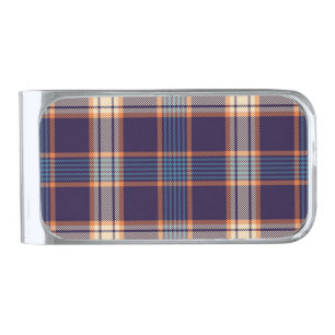 Tartan plaid, colorful navy texture. silver finish money clip