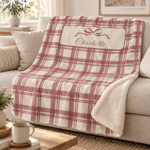 Tartan Plaid Cream Dusty Red Bow Christmas Sherpa Blanket