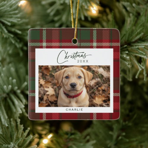 Tartan Plaid Dog Photo Christmas Ceramic Ornament