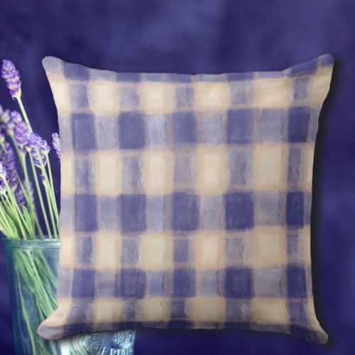  Tartan plaid gingham navy blue beige farmhouse  Throw Pillow