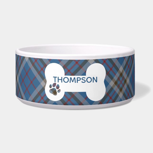 Tartan Plaid Grey Blue Checkered Clan Thompson Dog Bowl (Front)