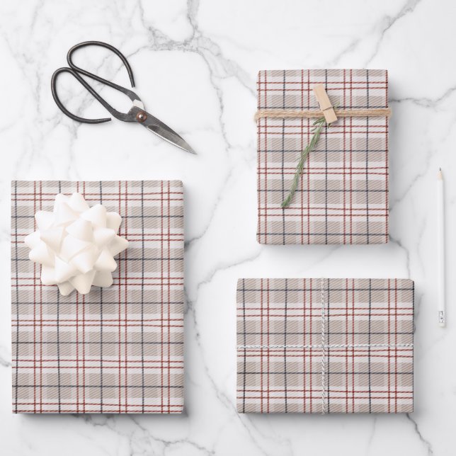 Tartan Plaid Hand Drawn Beige Stripes Pattern Wrapping Paper Sheets (Front)