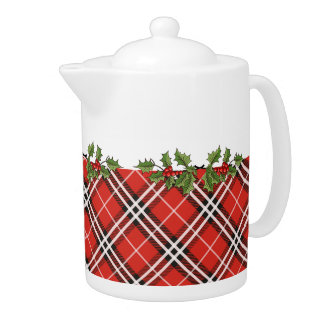 Tartan Plaid Holiday Teapot with Holly - Medium