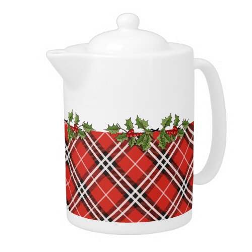 Tartan Plaid Holiday Teapot with Holly _ Medium