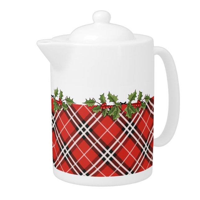 Tartan Plaid Holiday Teapot with Holly - Medium (Right)