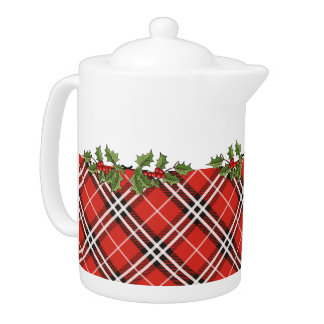 Tartan Plaid Holiday Teapot with Holly -Medium