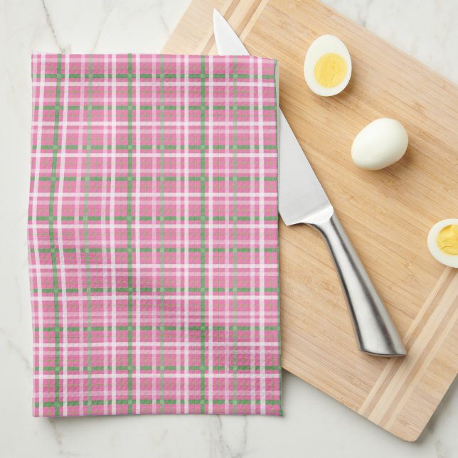 Tartan Plaid in Pink, Green, and White Kitchen Towel (Quarter Fold)