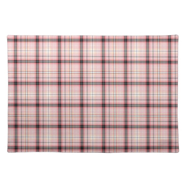 Tartan Plaid in Pink, Peach, Black & White Cloth Placemat (Front)