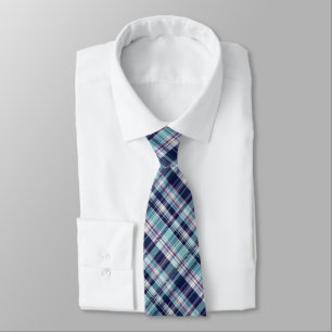 Tartan Plaid in Sea Glass Aqua, Steel Blue, Navy.. Neck Tie