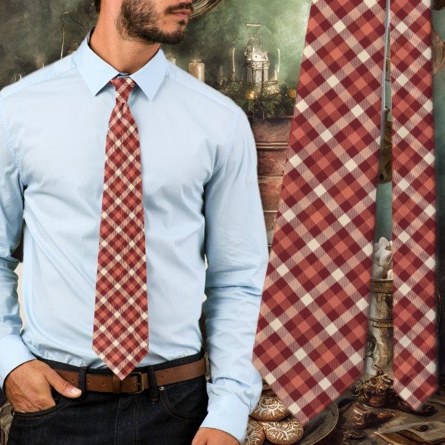 Tartan Plaid Maroon and Cream Design Neck Tie (Creator Uploaded)