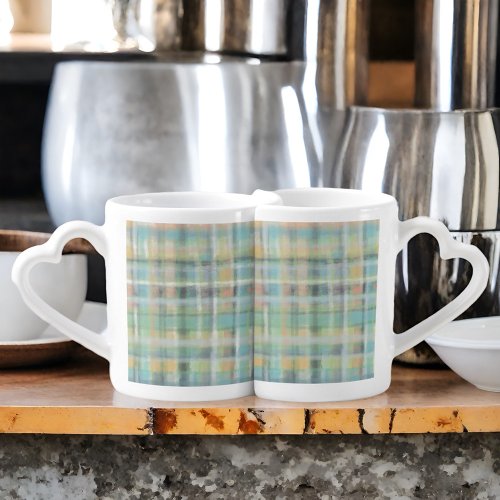 Tartan plaid modern pastel blue gray green yellow  coffee mug set