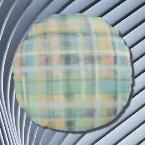 Tartan plaid modern pastel gray green blue yellow  round pillow