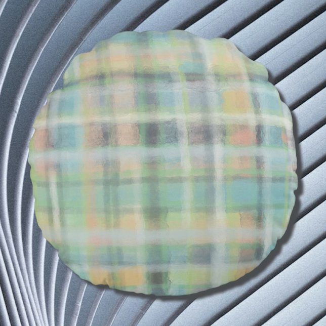 Tartan plaid modern pastel gray green blue yellow  round pillow (Creator Uploaded)