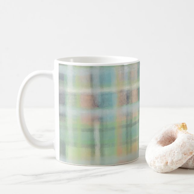 Tartan plaid modern pastel yellow cyan gray green  coffee mug (With Donut)