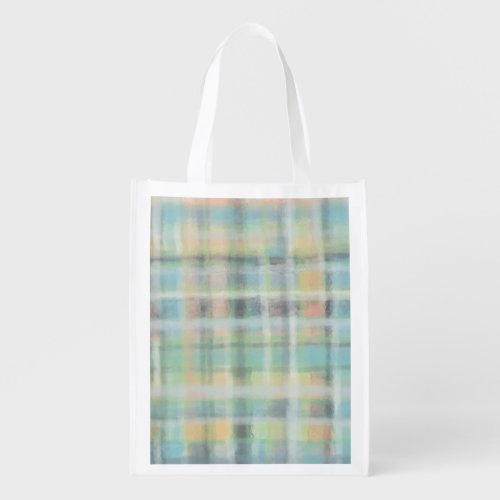 Tartan plaid modern pastel yellow cyan gray green  grocery bag