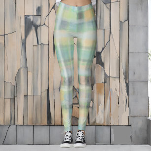 Tartan plaid modern pastel yellow cyan gray green leggings