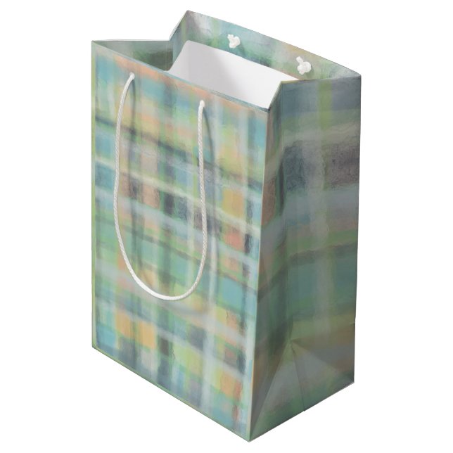 Tartan plaid modern pastel yellow cyan gray green  medium gift bag (Back Angled)