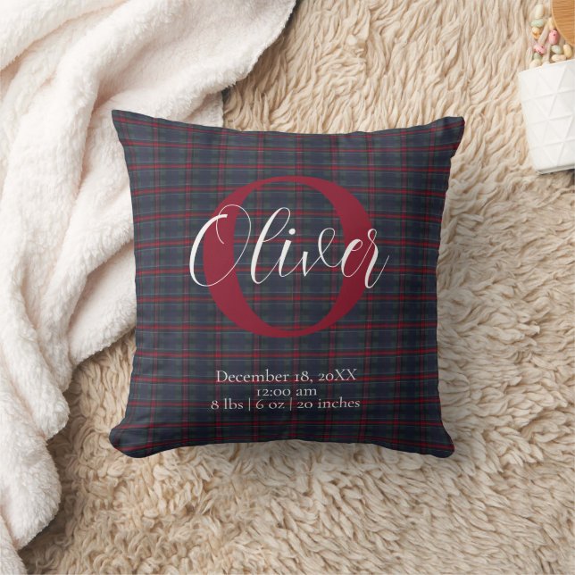 Tartan Plaid Monogram Birth Stats Newborn Baby Boy Throw Pillow (Blanket)