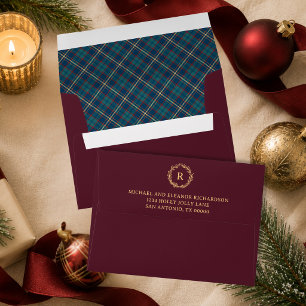 Tartan Plaid Monogram Wreath Burgundy Christmas Envelope
