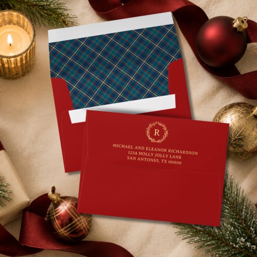Tartan Plaid Monogram Wreath Red &amp; Gold Christmas Envelope