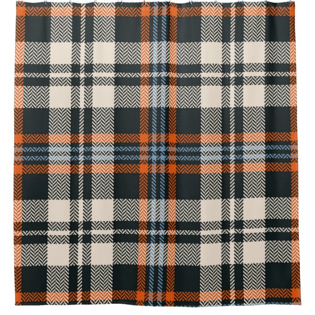 Tartan plaid pattern autumn in black, orange, blue shower curtain (Front)
