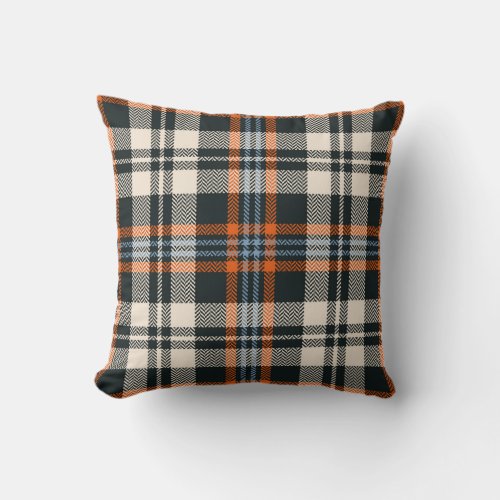 Tartan plaid pattern autumn in black orange blue throw pillow