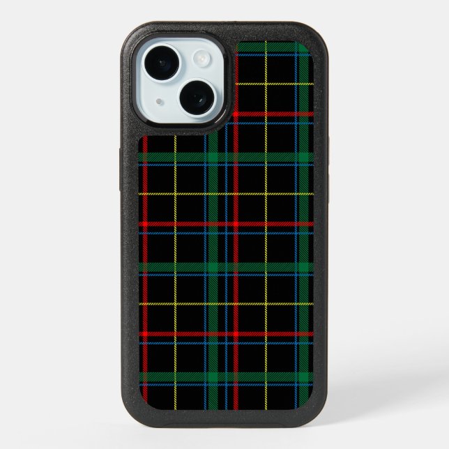 Tartan plaid pattern, green and red, iPhone 15 case (Back)