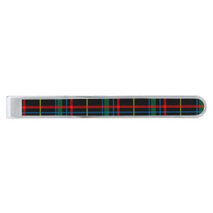 Tartan plaid pattern, green and red, silver finish tie bar