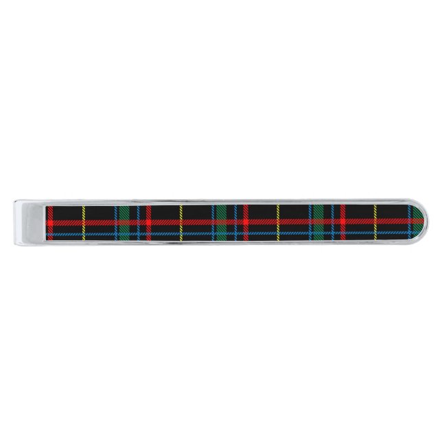 Tartan plaid pattern, green and red, silver finish tie bar (Front)