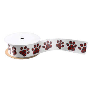 Tartan Plaid Paw Prints Satin Ribbon