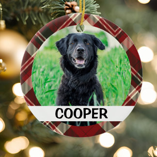 Tartan Plaid Personalized Dog Photo With Name Ceramic Ornament