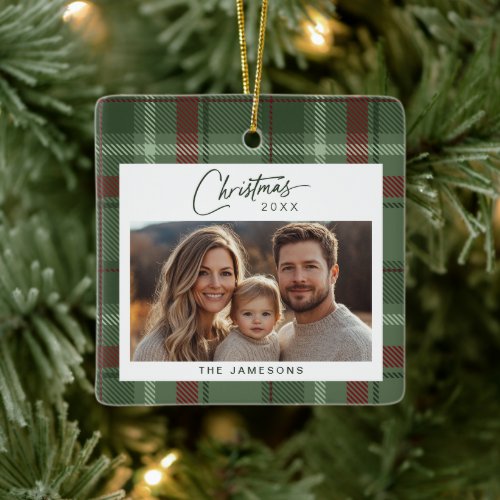 Tartan Plaid Photo Christmas Ceramic Ornament