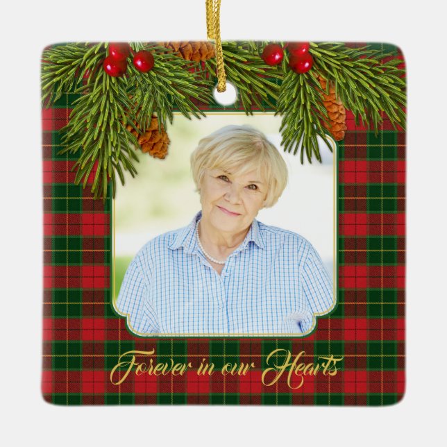 Tartan Plaid Pine Boughs Memorial Photo Christmas Ceramic Ornament (Front)