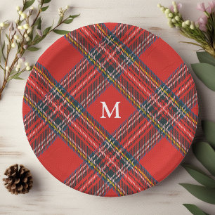 Tartan Plaid Red Christmas Monogram Paper Plates