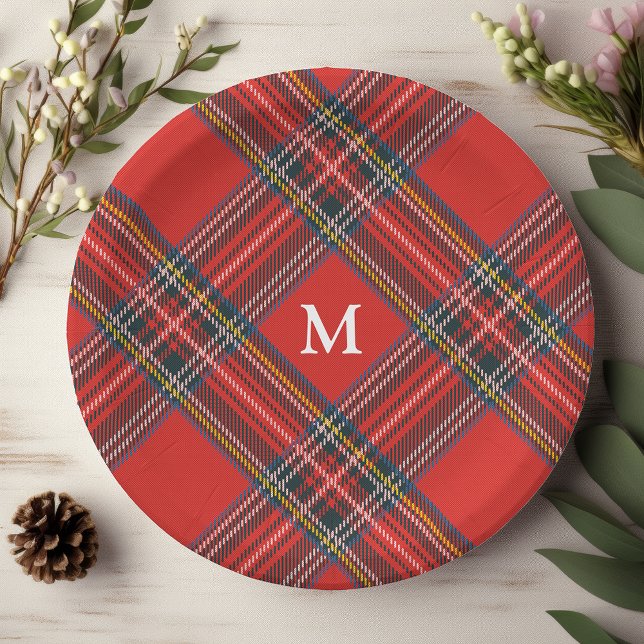 Tartan Plaid Red Christmas Monogram Paper Plates (Creator Uploaded)