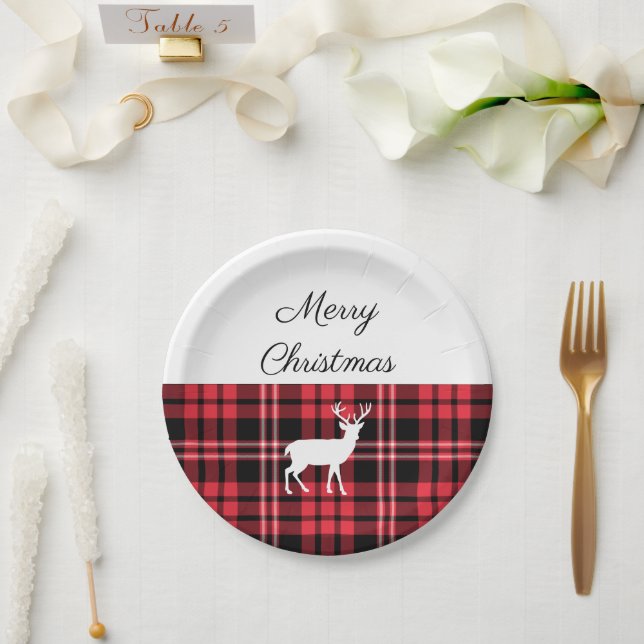 Tartan Plaid Red Christmas White Deer Paper Plates (Wedding)